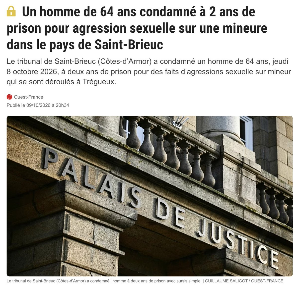 LyesLouffok's tweet photo. Un homme de 64 ans a agressé sexuellement une adolescente de 14 ans placée à l’ASE en famille d’accueil. Il a avoué les faits dans une lettre d’excuses qu’il lui a adressée. Il a été condamné à 2 ans de prison avec sursis. https://t.co/ks83DiJQV7