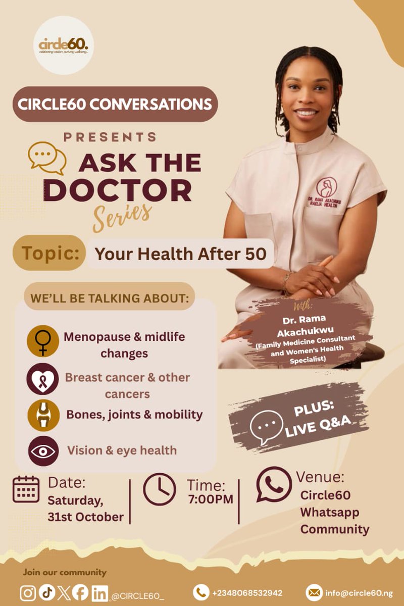 Circle60_'s tweet photo. Join Circle60 Conversations: Ask the Doctor with Dr. Rama Akachukwu as we discuss menopause, cancer awareness, joint health, mobility, and vision.

📅31 October | 7 PM 
📍Circle60 WhatsApp Community 
💬Live Q&amp;A included!

Join our community - link in bio 
#circle60 #eldercare https://t.co/JRGu09ofY9