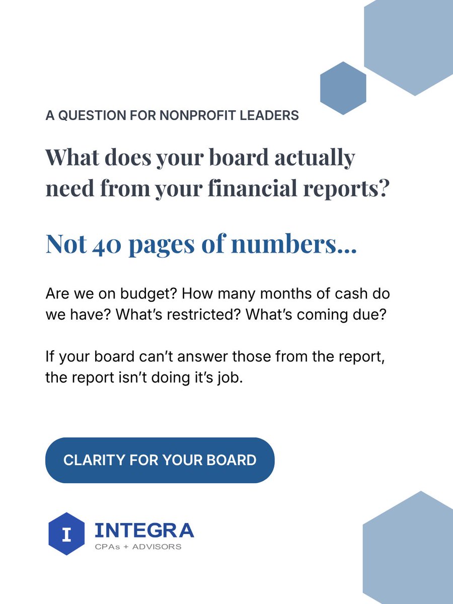 IntegraCPAs's tweet photo. What does your board actually need from your financial reports? Not 40 pages. Are we on budget? How many months of cash do we have? What’s restricted? What’s coming due? Which one is your board always asking? https://t.co/q5b3lL3oCi