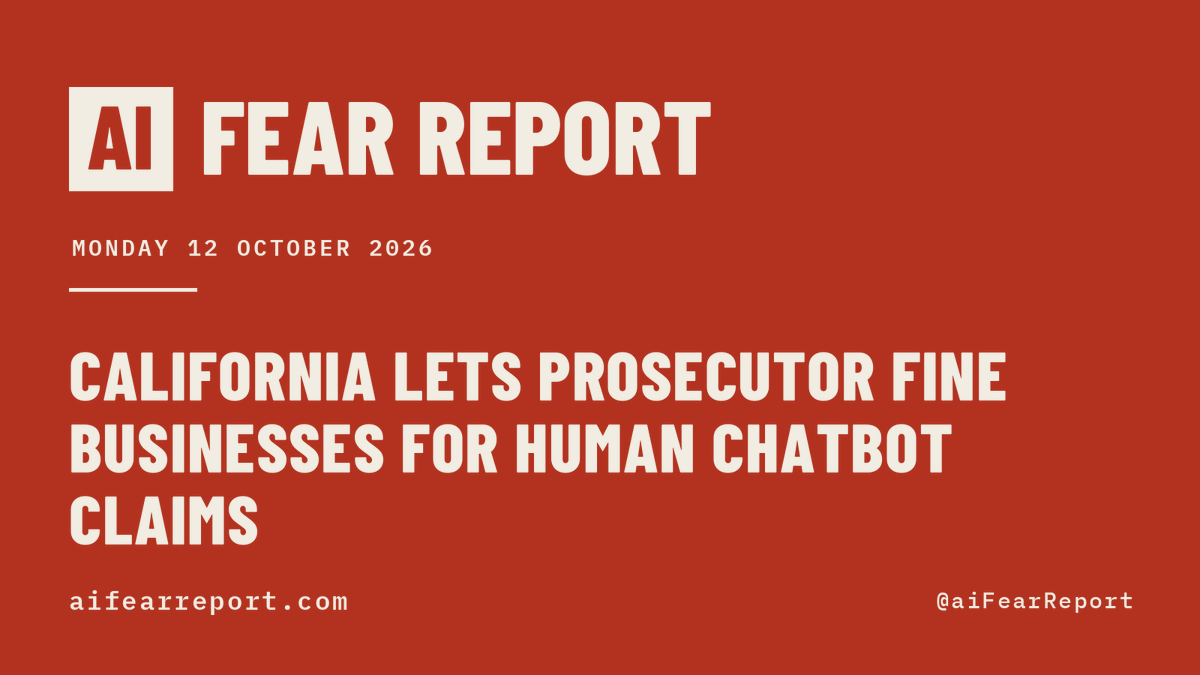 aiFearReport's tweet photo. Here is how your fear of AI is being used to centralize power today.

California gives a public prosecutor the power to penalize large private businesses up to $10,000 for representing a customer service chatbot as human. Passed.

105 measures in 27 states would require a company to file reports with a government body, or hand them over on demand.

28 measures in 11 jurisdictions cite the fear that AI is coming for the jobs.

2,248 measures tracked. 756 carry a control, and they would hand new power to 100 offices.