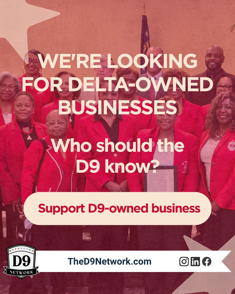 thed9network's tweet photo. Delta business owners, where yโall at? ๐
We want to discover more businesses owned by members of Delta Sigma Theta Sorority, Inc.
Tag one below + tell us:
๐ Where theyโre located
๐ผ What they do
And Delta business owners can check in too! โค๏ธ
#DeltaSigmaTheta #TheD9Network https://t.co/CUNJYdSmdp
