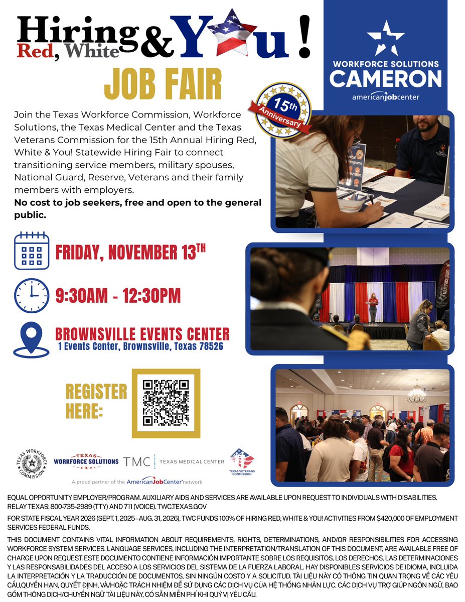 WFSCameron's tweet photo. Hiring Red, White &amp; You! is back 

The LARGEST JOB FAIR in Cameron County makes its return this November!
 
📅 Friday, November 13th
⏰ 9:30AM – 12:30PM
📍 Brownsville Events Center, 1 Events Center Blvd., Brownsville, TX. 78526

Register here: https://t.co/q7Sf9PXcOC
 
#HRWY https://t.co/dg5HV1z4Q5