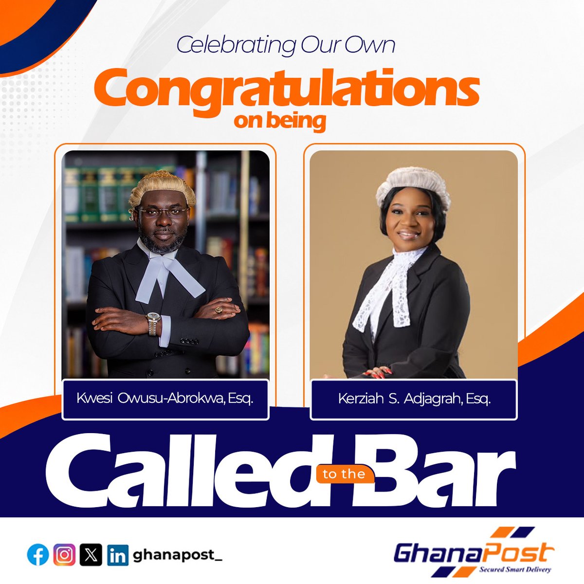 ghanapost_'s tweet photo. A proud moment for the Ghana Post family!!

We extend a huge congratulations to our very own, Mr. Kwesi Owusu-Abrokwa, Esq. and Ms. Keziah S. Adjagrah, Esq., on your landmark accomplishment of being called to the Bar.

Congratulations! 🎉⚖️ https://t.co/7fvmLd2mj2