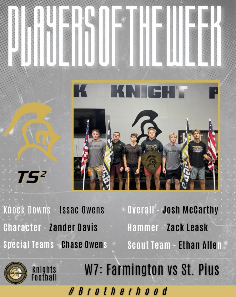 knightfbnation's tweet photo. Congratulations to our Week 7 (St. Pius) Players of the Week!

Keep Improving, Never Stop Getting Better!

#TS2 #PlayersoftheWeek #knightsfootball https://t.co/p9weQrramI