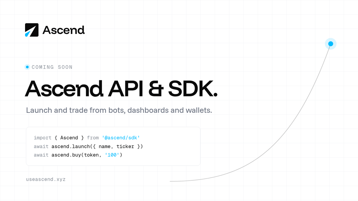 useascendxyz's tweet photo. Next: Ascend API and SDK. Bots, dashboards and wallets can launch and trade Ascend tokens directly. https://t.co/xX0fR4ECqM