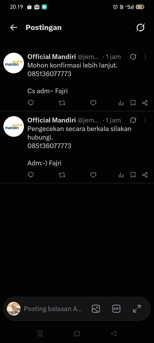 cembok260383's tweet photo. @itos505 @bankmandiri Awas jangan dihubungi no WA 👇 
Akun palsu 👇 
Akun anjing penipuan 👇 https://t.co/6VNyrroase