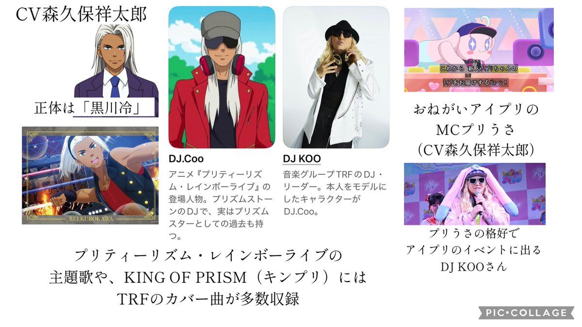 Kiraboshi_Shun's tweet photo. プリティーシリーズにおける

・DJ KOO（コー）さん
・DJ Coo（クー）さん
＝黒川冷（cv森久保祥太郎さん）
・MCプリうさ（cv森久保祥太郎さん）

の関係性をざっくりまとめるとこんな感じ https://t.co/BQACjagqDQ