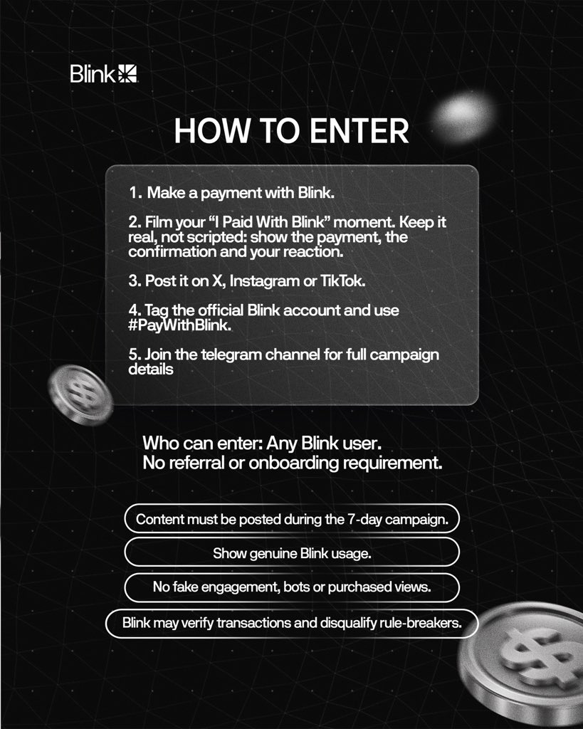 useblinkapp's tweet photo. Join the Blink Video Challenge starting today…

1. Join the challenge: Register on our bounty platform: https://t.co/rbtTuXWtpv

2. Get the full campaign details: Join our Telegram channel: https://t.co/RZoQ7gwHl8

Use Blink. Pay with Blink. Show the experience. Win! https://t.co/wAauvy6Ccg