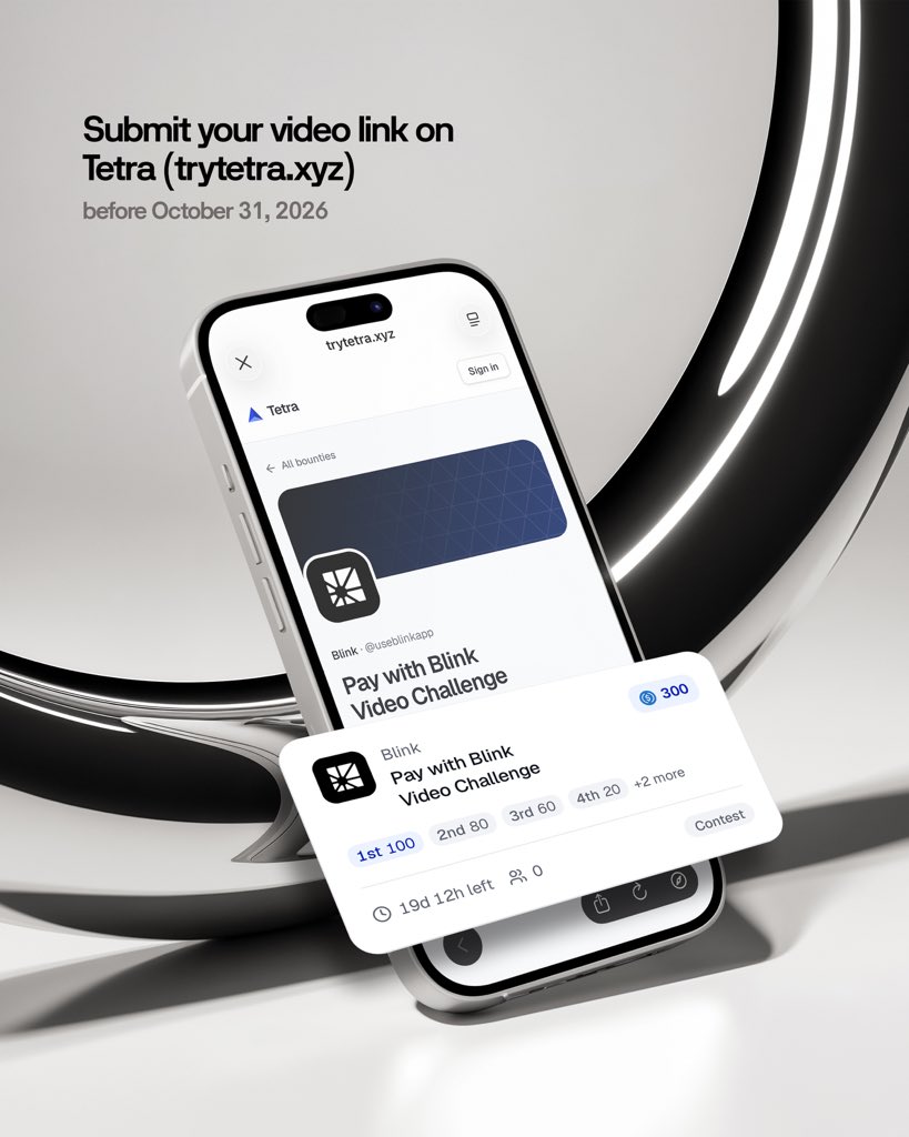 useblinkapp's tweet photo. Join the Blink Video Challenge starting today…

1. Join the challenge: Register on our bounty platform: https://t.co/rbtTuXWtpv

2. Get the full campaign details: Join our Telegram channel: https://t.co/RZoQ7gwHl8

Use Blink. Pay with Blink. Show the experience. Win! https://t.co/wAauvy6Ccg