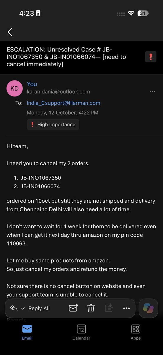 karandania's tweet photo. @Harman @JBLSoundIn @JBLaudio @Harman @JBLaudio @JBLSoundIn 

Atleast cancel the other order JB-INO1067350, u dont even have stock and still took order only god know y.

I can get it now from chroma, just cancel and refund my money. https://t.co/Gw8kZe19XW