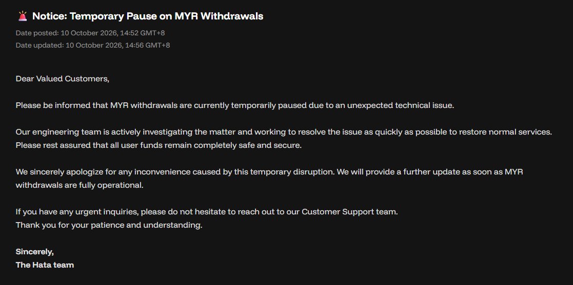 PandaAsiaStreet's tweet photo. 1. Ledger announces possible loss of funds with suspected US$86M linked to Malaysia’s CryptoBilis on the 10th October.

2. Hata Malaysia (Regulated by the Securities Commission Malaysia) announces temporary pause on $MYR withdrawals on 10th October (same day) with a very vague reason.

Coicidence? or money is being washed through HATA? or tracking footprints of known hackers? OR  ___ (insert theory here). 

You heard it here first.