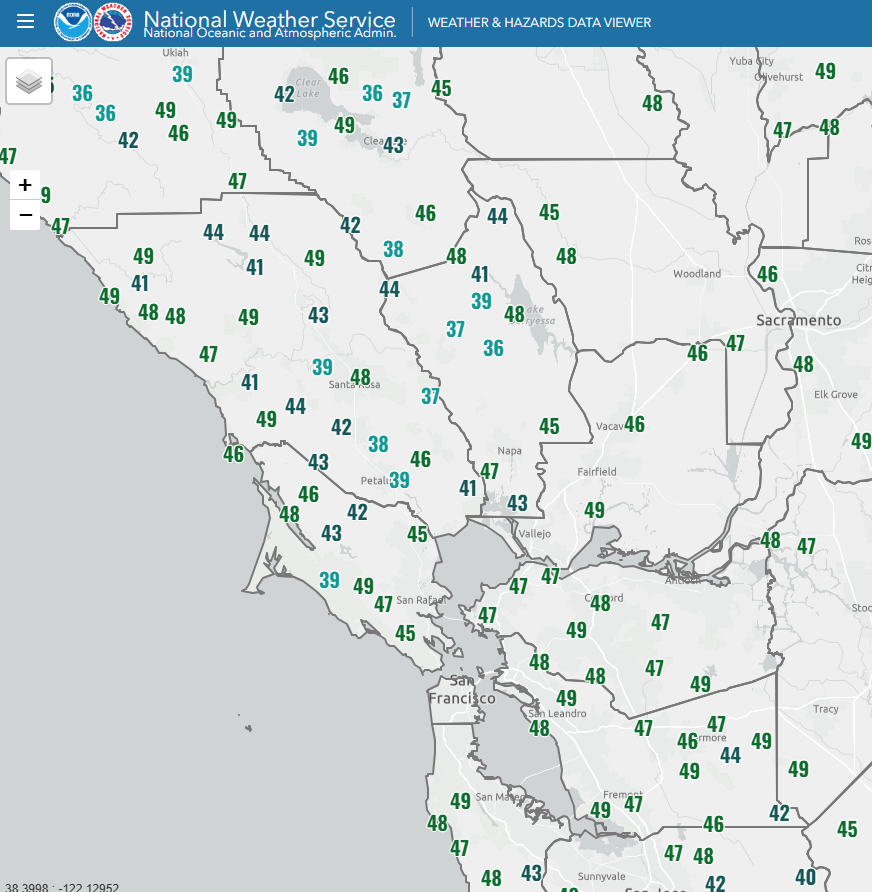 NWSBayArea's tweet photo. 🍂Taste of Fall this morning...here's a look at temps that were less than 50°F since midnight.  Notice a few 30s in there. Cozy up with your favorite pumpkin spice ☕ this morning. #chilly #cawx #pumpkinspicefan https://t.co/NKnsJYAucN