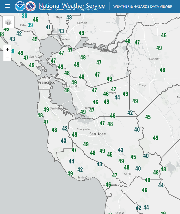 NWSBayArea's tweet photo. 🍂Taste of Fall this morning...here's a look at temps that were less than 50°F since midnight.  Notice a few 30s in there. Cozy up with your favorite pumpkin spice ☕ this morning. #chilly #cawx #pumpkinspicefan https://t.co/NKnsJYAucN