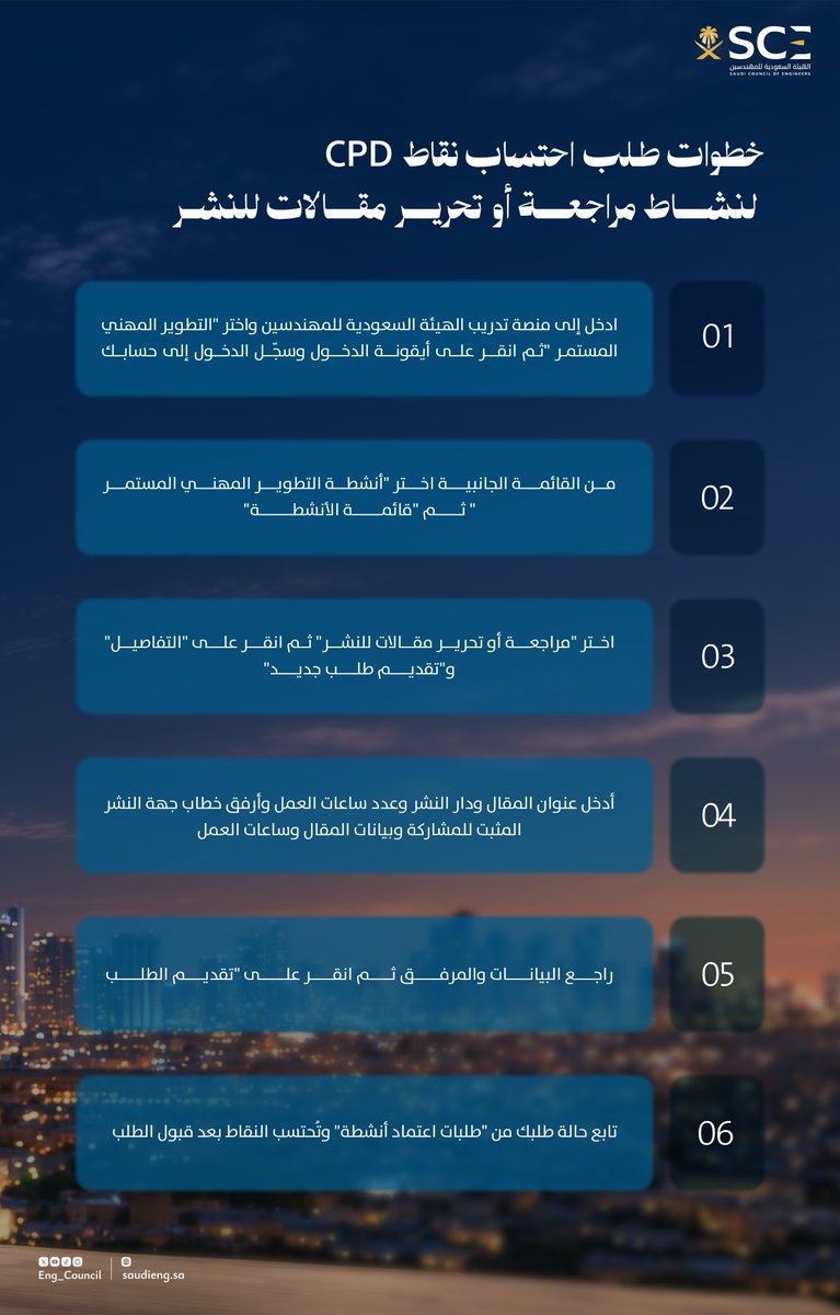 Eng_Council's tweet photo. تطلق #هيئة_المهندسين خدمة احتساب نقاط التطوير المهني المستمر (CPD) من خلال مراجعة وتحرير المقالات للنشر، بما يسهم في استيفاء متطلبات الترقية في التصنيف المهني.

قدّم طلبك عبر:
https://t.co/vM9n3azLF5

للاطلاع على الشروط وخطوات التقديم:
https://t.co/KPwtCxu1XM https://t.co/7N6ljy1tCc