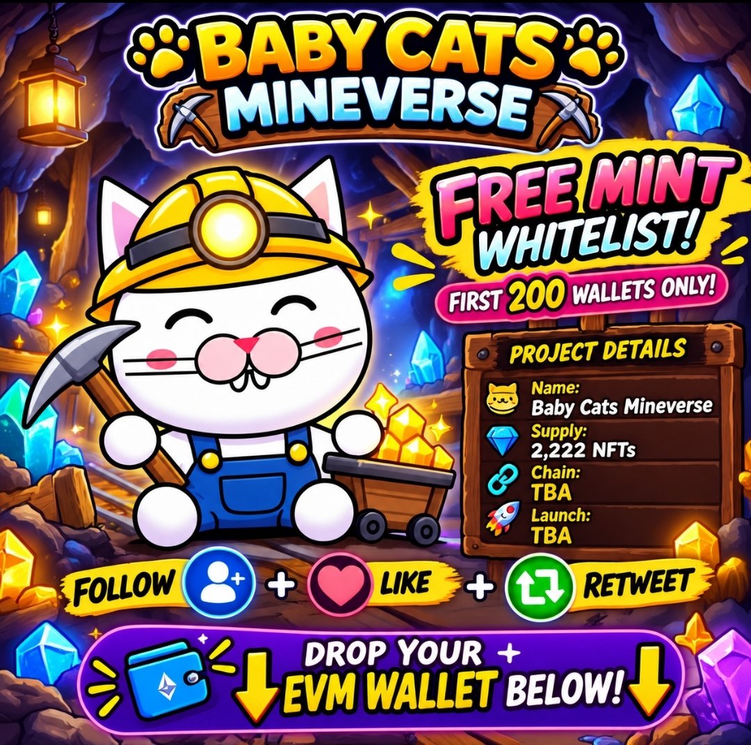 Baby_Cats_On's tweet photo. 🐱🔥 Baby Cats Mineverse NFT  FREE MINT WHITELIST!

🎁 First 200 wallets only!
💎 Supply: 2,222 NFTs
⛓️ Chain: TBA | 🚀 Launch: TBA

✅ Follow + Like + Retweet 🔁
👛 Drop your EVM wallet below! 👇

#BabyCats #FreeMint #NFT #memecontest #nftcommunity #Mining https://t.co/tRh2MZQL1r