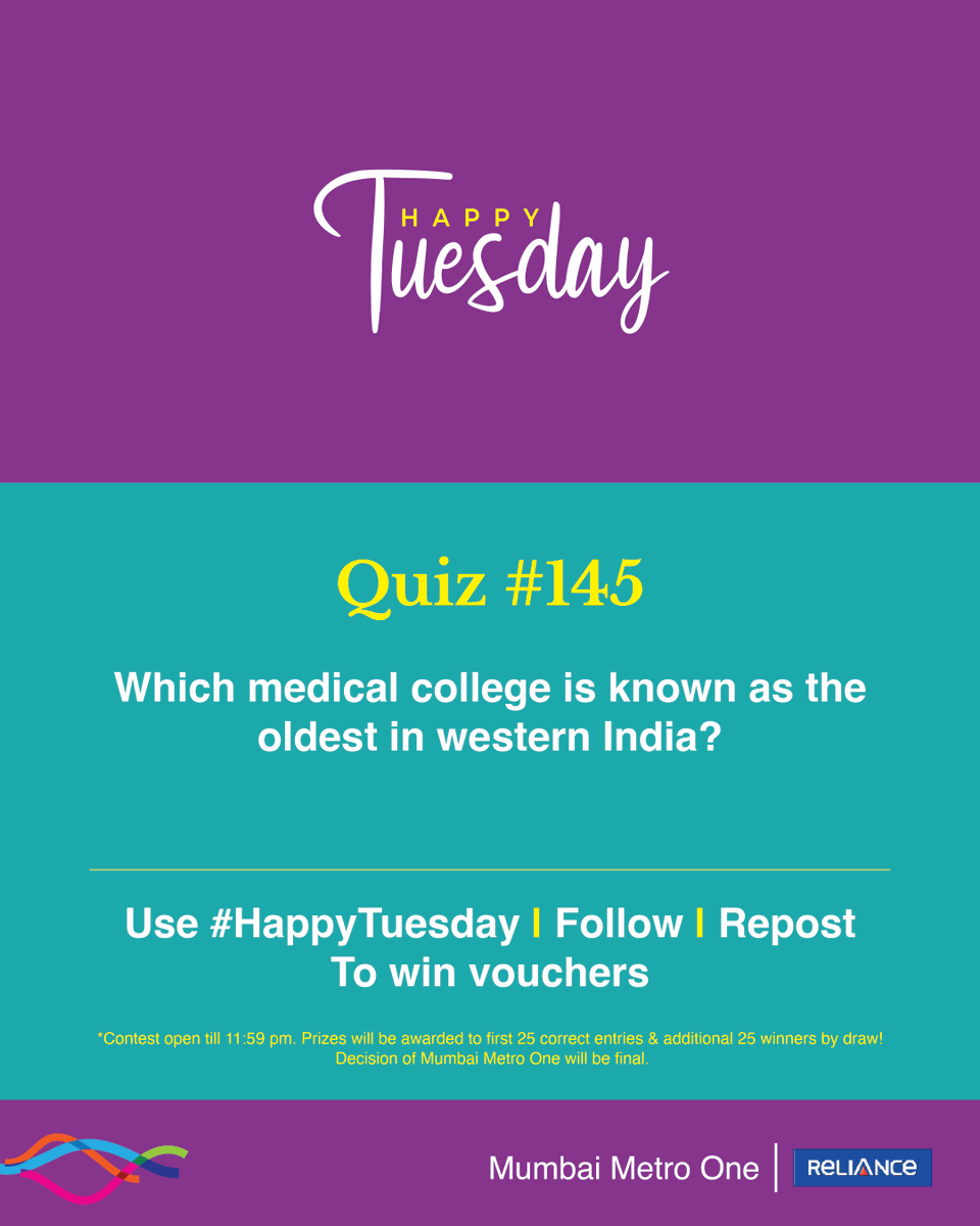 MumbaiMetro01's tweet photo. #HappyTuesday quiz is here! 

The 145th edition is about a medical college established under British administration in Oct 1845.

Prizes will be awarded to 50 winners, the first 25 correct entries, and an additional 25 winners by draw.

Follow, Repost and Use #HappyTuesday (all mandatory) to win. 

#ContestAlert #Giveaways #Voucher #MumbaiMetro