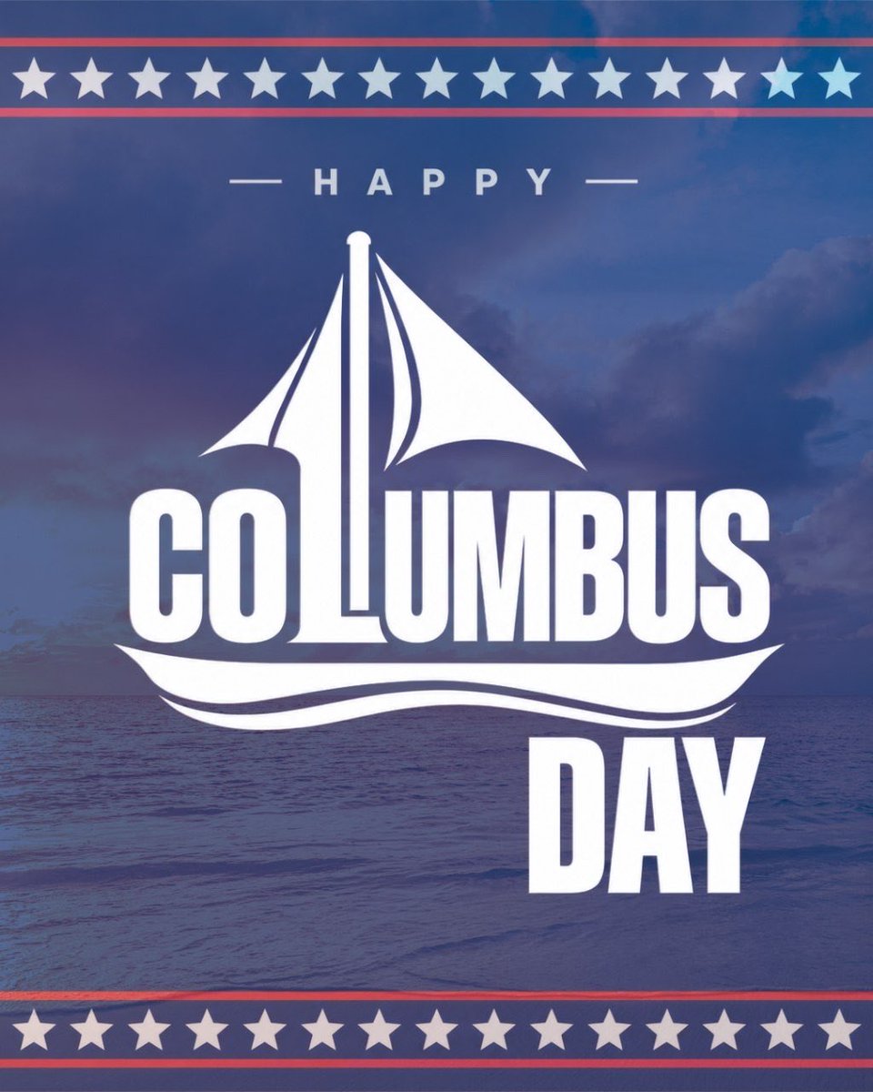 A patriotic-style Columbus Day graphic over a blue ocean and cloudy sky, with a white sailboat motif, star borders, and prominent decorative text.