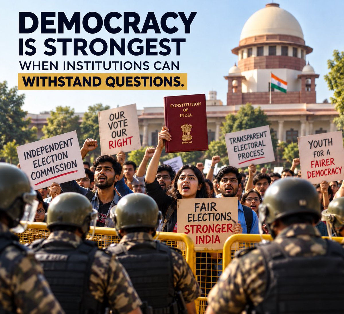 mushtaqbh's tweet photo. Democratic institutions earn public trust through transparency, independence and accountability.

Concerns about India’s electoral process deserve open discussion, not dismissal.

Peaceful protest and the right to question authority are fundamental to democracy.

#Democracy https://t.co/2kTm1JcNz9