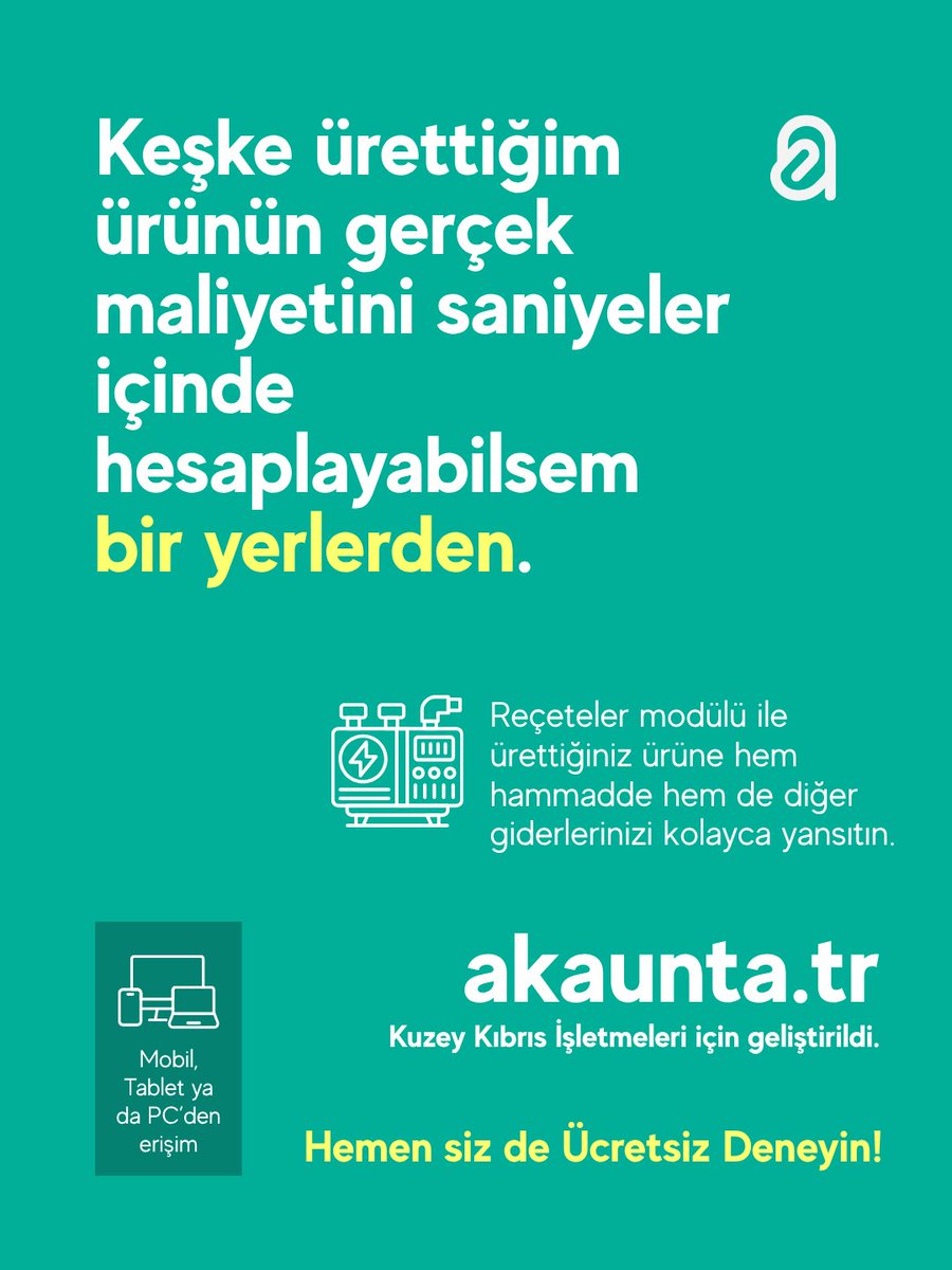 akauntatr's tweet photo. Ürettiğiniz ürünün size tam olarak kaça mal olduğunu hesaplamak saatlerinizi mi alıyor? 🏭

​"Keşke ürünümün gerçek maliyetini saniyeler içinde hesaplayabilsem!" diyen işletmeler için https://t.co/n6UMpMtBGL'nin Reçeteler modülü devrede!  

​✅ Ürünlerinize sadece hammadde maliyetlerini değil, diğer tüm operasyonel giderlerinizi de kolayca yansıtın.
✅ Doğru maliyet, doğru fiyatlandırma; kârlılığınızı şansa bırakmayın.
✅ Üretim maliyetlerinizi Mobil, Tablet veya PC'den dilediğiniz an takip edin.  

​Kuzey Kıbrıs işletmeleri için geliştirildi.
Ücretsiz denemek için hemen tıklayın! 👇
https://t.co/n6UMpMtBGL