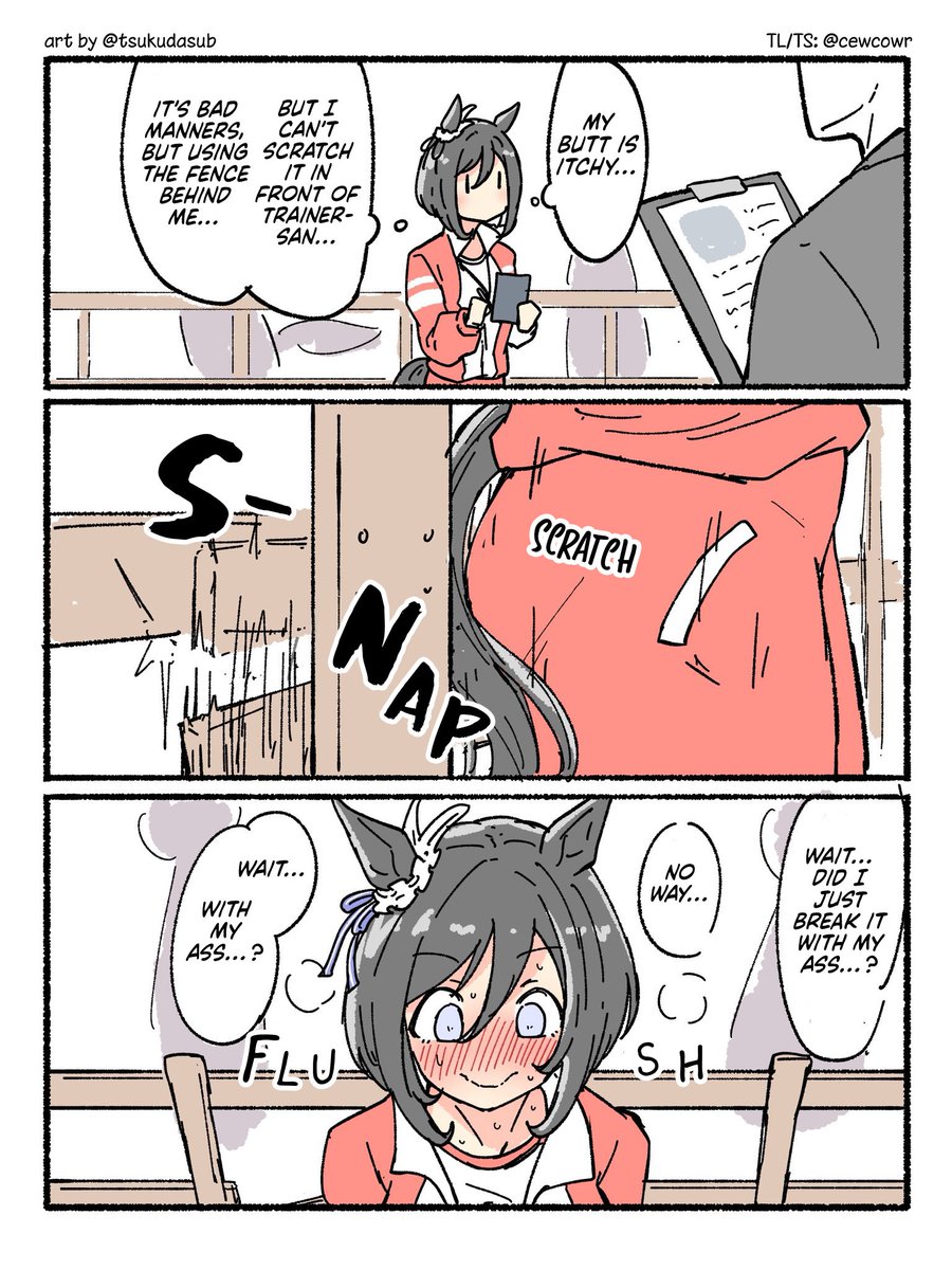 cewcowr's tweet photo. TL EN
Word has it there's also a theory that she didn't kick and break it, but actually broke it with her ass
art by @tsukudasub 

#umamusume #ウマ娘ㅤ https://t.co/TjR4CdwqOb