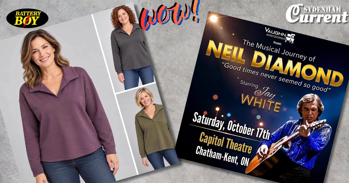 SydenhamCurrent's tweet photo. Battery Boy WOW! Win $100 to Goldcoast Fashions + 2 Tickets to The Musical Journey of Neil Diamond at the Chatham Capitol Theatre!

Learn how to win, here: https://t.co/MYPy05DpPQ https://t.co/zgY0uGXlcj