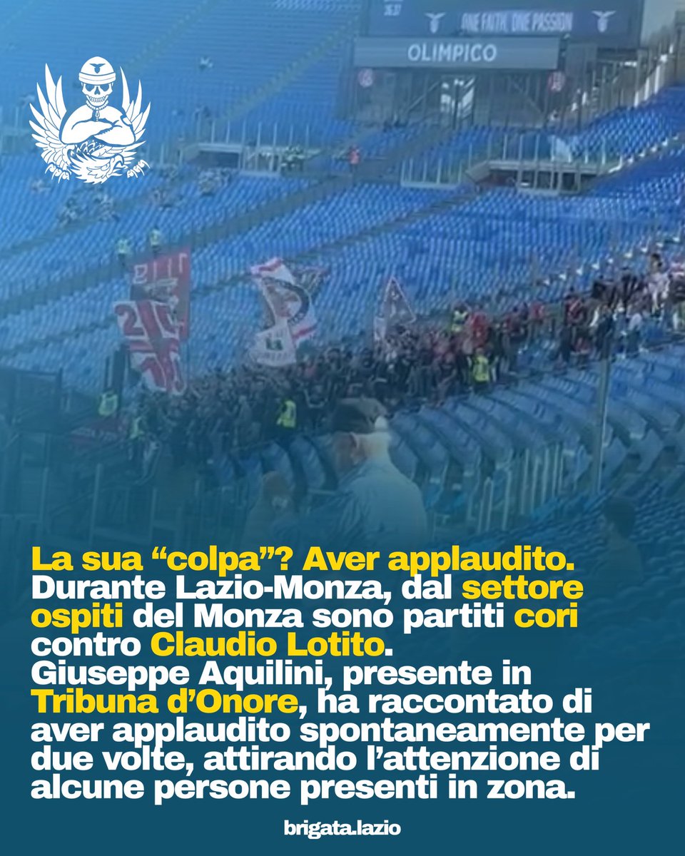 BrigataLazio's tweet photo. Durante Lazio-Monza, Giuseppe Aquilini, presente in Tribuna d’Onore, ha applaudito i cori di contestazione contro Lotito provenienti dal settore ospiti.

Come raccontato a Radio Laziale, al termine della partita sarebbe stato fermato da uno steward, che gli avrebbe chiesto prima i biglietti e poi i documenti, arrivando persino a fotografarli.

Da quando applaudire una contestazione pacifica è diventato un problema?