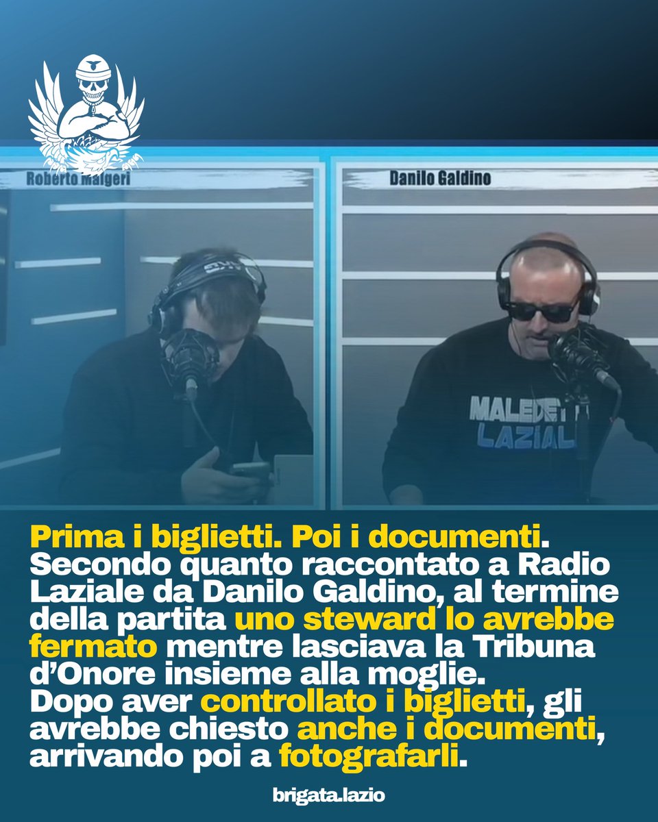 BrigataLazio's tweet photo. Durante Lazio-Monza, Giuseppe Aquilini, presente in Tribuna d’Onore, ha applaudito i cori di contestazione contro Lotito provenienti dal settore ospiti.

Come raccontato a Radio Laziale, al termine della partita sarebbe stato fermato da uno steward, che gli avrebbe chiesto prima i biglietti e poi i documenti, arrivando persino a fotografarli.

Da quando applaudire una contestazione pacifica è diventato un problema?