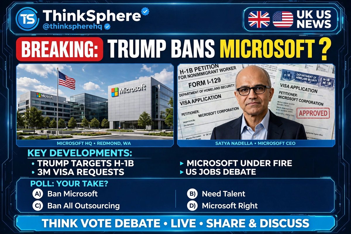 thinkspherehq's tweet photo. Trump Bans Microsoft from H-1B? 🇺🇸💻

A) Ban Microsoft
B) Need Talent
C) Ban All Outsourcing
D) Microsoft Right

Vote 👇

#Trump #Microsoft #H1B #ThinkSphere https://t.co/CmszgpnKkb