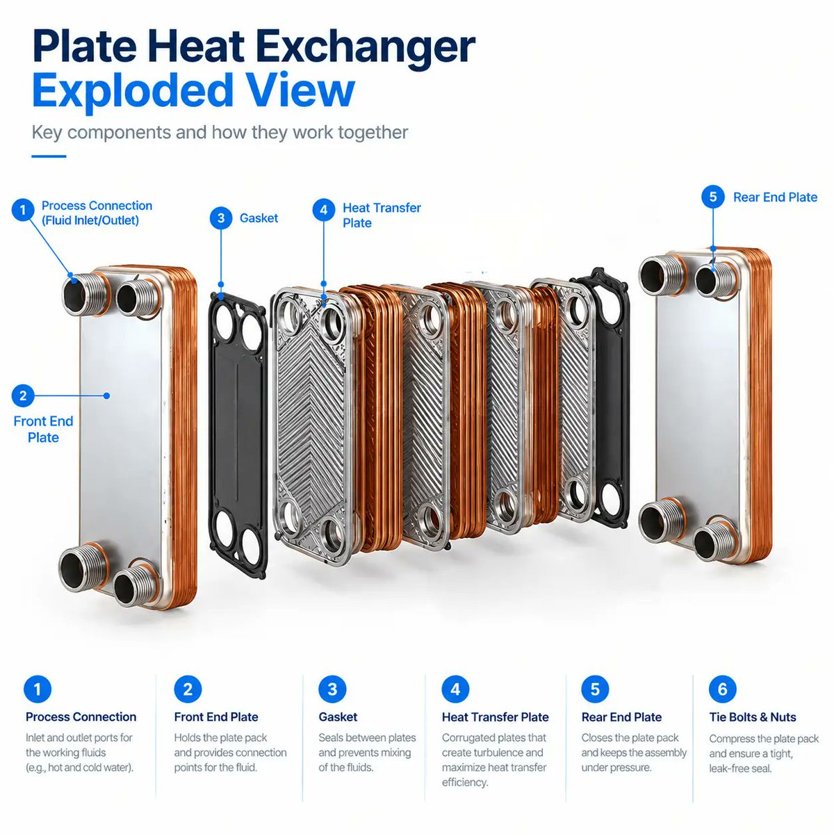 Exergyhe2017's tweet photo. 🔧 What’s inside a plate heat exchanger?

From corrugated heat transfer plates to gaskets and tie bolts, every component plays a key role in efficient heat transfer and reliable performance.

Understand the parts. Improve performance. ⚙️

#HeatExchanger #Engineering #Exerland https://t.co/MiLpjCgjh9