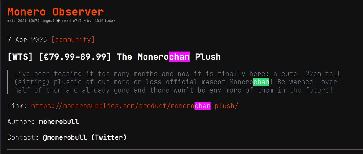 SERKOpfs's tweet photo. Monero XMR has an OG unofficial mascot called MONERO-CHAN.

This isn't made-up lore.

2021 — Already popular on 4chan /biz/ and had her own subreddit.

https://t.co/qrDWPYE5yv

2022 — Featured by Monero Observer, a Monero-focused news publication.

https://t.co/x6PpmsKy0k

2023 — The community was literally selling Monero-chan plushies, calling her their "more or less official mascot."

https://t.co/tTxMTUXedb

5+ YEARS OF REAL MONERO LORE.

The unofficial mascot of one of crypto's biggest privacy coins.

MONEROCHAN