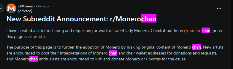 SERKOpfs's tweet photo. Monero XMR has an OG unofficial mascot called MONERO-CHAN.

This isn't made-up lore.

2021 — Already popular on 4chan /biz/ and had her own subreddit.

https://t.co/qrDWPYE5yv

2022 — Featured by Monero Observer, a Monero-focused news publication.

https://t.co/x6PpmsKy0k

2023 — The community was literally selling Monero-chan plushies, calling her their "more or less official mascot."

https://t.co/tTxMTUXedb

5+ YEARS OF REAL MONERO LORE.

The unofficial mascot of one of crypto's biggest privacy coins.

MONEROCHAN