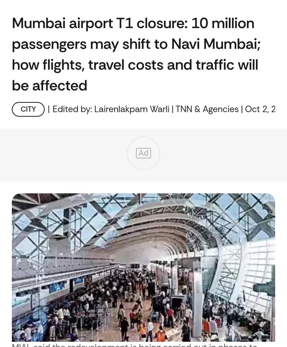 Starboy2079's tweet photo. On October 13, Mumbai decides the future of its 84-year-old Terminal 1.

The problem: audits say T1 can't safely handle modern loads. Rebuilding it as a 20 MPPA terminal means moving ~5M domestic flyers to T2, and ~30% of international departures (265 weekly flights) to Navi Mumbai so T2 doesn't overload.

Airlines are resisting, citing a "deadlock" and demanding more safety reports, despite fee discounts, UDF offsets and direct Atal Setu access. For years they said Mumbai lacked capacity. Now a second airport exists.
Their stated concern is passengers. The real stake is grandfathered peak slots.

The solution: approve the shift. Heathrow, Tokyo and New York run multi-airport systems. Mumbai can too. 

Rebuild T1.