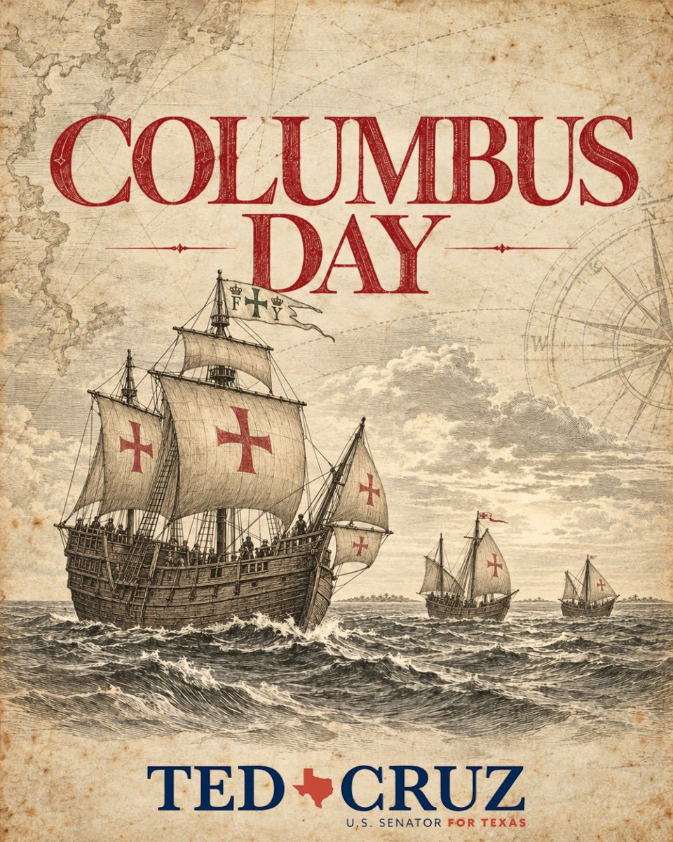 SenTedCruz's tweet photo. Christopher Columbus's voyage discovered and ushered in a new world, including what would become the United States. It took indescribable and inspirational courage. 

Happy Columbus Day! https://t.co/e47ODZMqzf