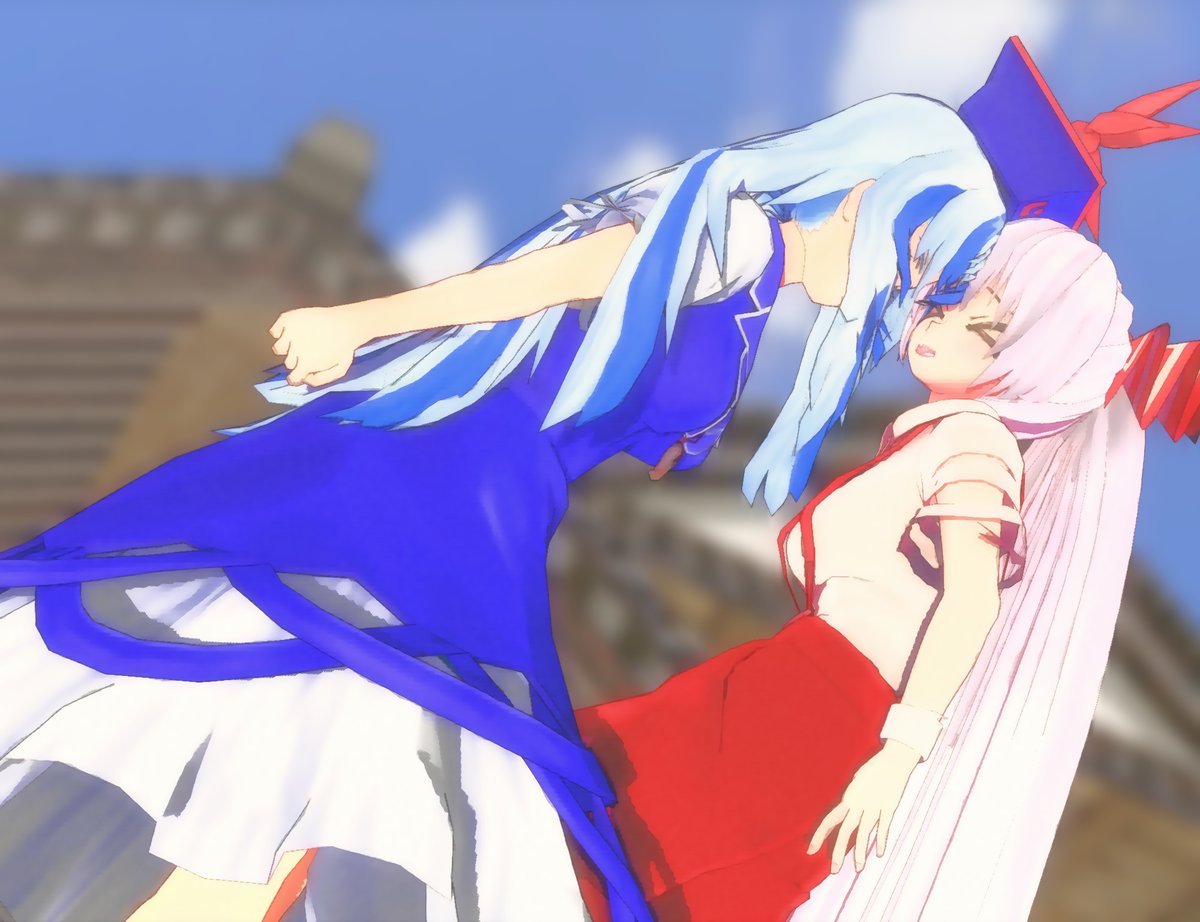 ippon_tata_ra's tweet photo. #深夜の真剣MMD60分一本勝負
#上白沢慧音 #藤原妹紅
お題：慧音「夫婦喧嘩」
慧音の頭突きがもこたんを襲う https://t.co/V4sQsi5qtP