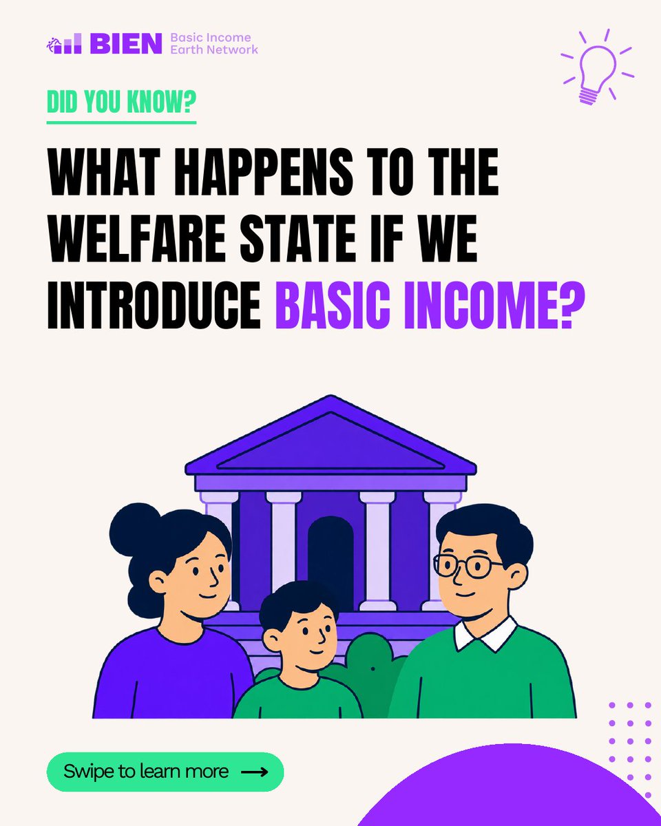 BasicIncomeOrg's tweet photo. 🧠 Did you know?

Part 7 of our Basic Income series is live.

What happens to the welfare state if we introduce basic income?

Every proposal has to answer one question: what happens to existing benefits? Replace, add, or rebuild- three different approaches.

Swipe through 👇🏾 https://t.co/vN1tjUW7zv