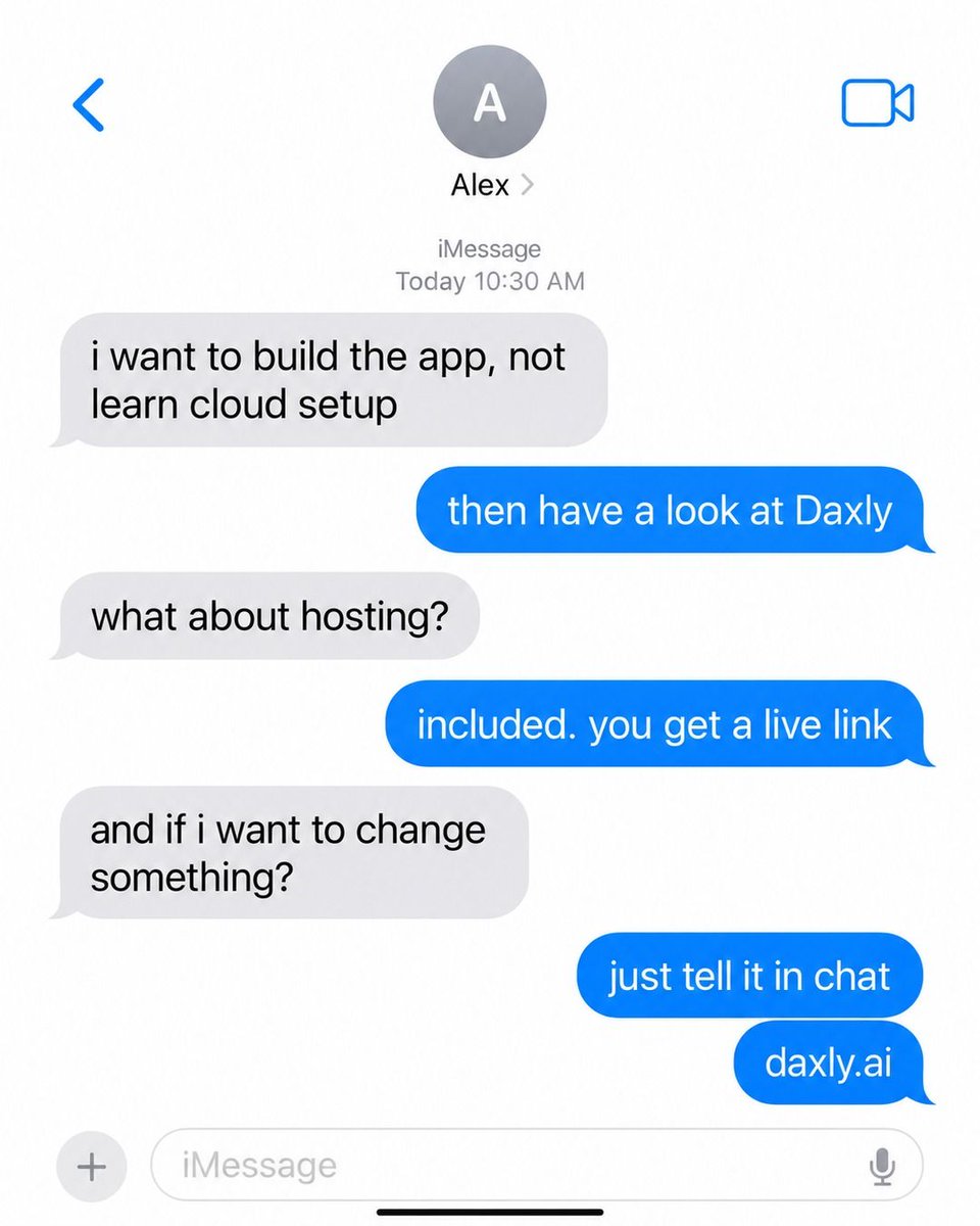 Daxlyai's tweet photo. Building an app and configuring cloud hosting are two separate skills. Only one of them is the thing you actually wanted to do. Daxly covers the second. Say what you want built.

Build it at https://t.co/DreDDM4WGK https://t.co/PK5nrgXx9c