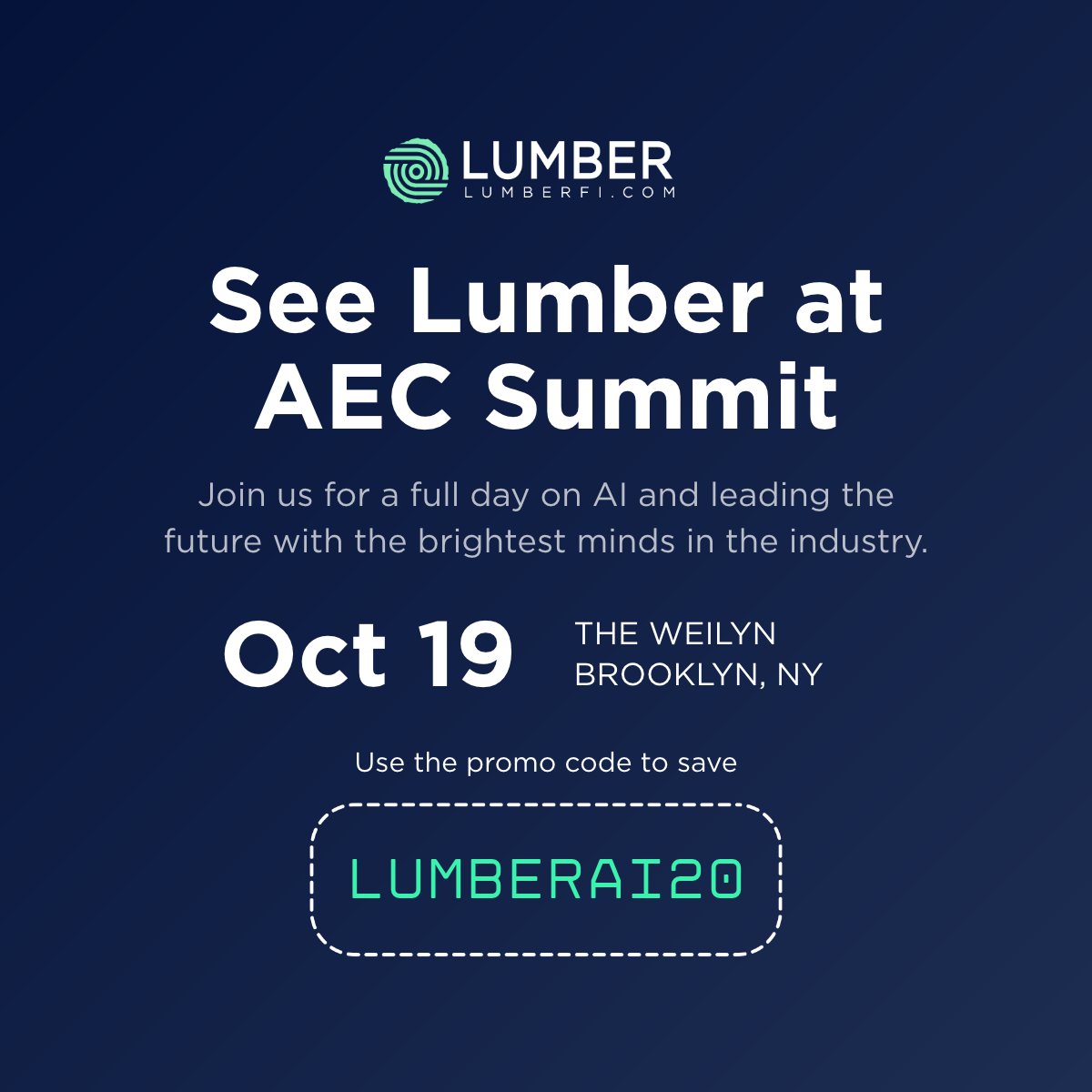lumberfi_inc's tweet photo. Join Lumber at AEC Summit and save 20% on a single General Admission ticket with code LUMBERAI20!
Get your ticket now: https://t.co/RFTuLCAkPx
#AECSummit #AEC #ConstructionTechnology #FutureOfConstruction #Lumber https://t.co/T4zpoZ6aEK