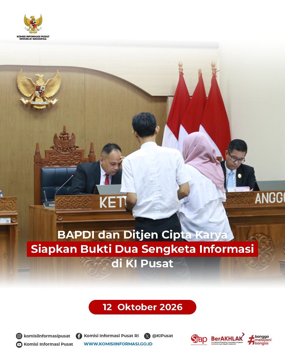KIPusat's tweet photo. Komisi Informasi Pusat menggelar sidang lanjutan dua sengketa informasi publik antara BAPDI dan Ditjen Cipta Karya Kementerian Pekerjaan Umum di Jakarta, Senin (12/10/2026), dengan agenda pembuktian.

Dalam persidangan, Majelis Komisioner meminta para pihak melengkapi bukti dokumen untuk menjadi bahan pertimbangan dalam memutus sengketa. Sementara itu, sengketa terkait wilayah IKN akan diperiksa secara paralel pada persidangan mendatang.

Simak selengkapnya di slide berikutnya ✨

#BukaInformasiPublik #hakandauntuktahu