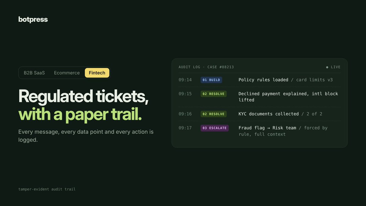 usebotpress's tweet photo. Most AI support tools weren't built for finance.

Botpress keeps a tamper-evident log of every message and action.

- Build: load your policy rules
- Resolve: declined payments and transaction issues
- Escalate: fraud flags go to Risk with full context

https://t.co/tHP41YAESo https://t.co/24SGoi6Aj7