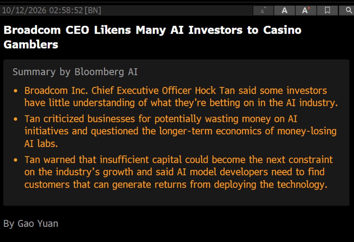 michaeljburry's tweet photo. Well well well. Well. 
Bloomberg: Broadcom CEO Likens Many AI Investors to Casino Gamblers
and more...
Broadcom’s Tan said AI model developers need to find customers that can generate returns from deploying the technology, rather than relying on users who are now “wasting money” on tokens as they experiment with AI.
“When you are a kid you go to a video arcade, you play. Your parents give you $10 of tokens, you finish it in 10 minutes and you haven’t learned anything,” he said. “That’s what happening in enterprises today.”