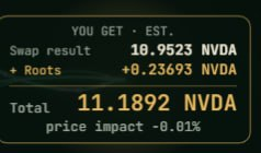 Nomadic_Rookie's tweet photo. same time, same amount. 1 ethereum:native  to robinhood:0xd0601ce157db5bdc3162bbac2a2c8af5320d9eec 

the other swaps quoted around 10.84 to 10.87 robinhood:0xd0601ce157db5bdc3162bbac2a2c8af5320d9eec 

ours quoted 10.9523 robinhood:0xd0601ce157db5bdc3162bbac2a2c8af5320d9eec , then the Roots System added another 0.23693 robinhood:0xd0601ce157db5bdc3162bbac2a2c8af5320d9eec 

11.1892 robinhood:0xd0601ce157db5bdc3162bbac2a2c8af5320d9eec  total. roughly 3% more for the same ethereum:native  👀

this is what we've been cooking.

stay tuned, the best aggregator on Robinhood Chain is dropping soon 🍌