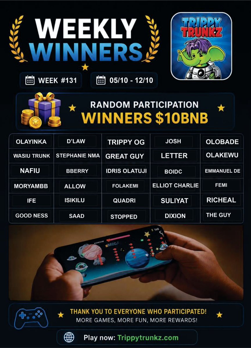 TrippyTrunkz's tweet photo. Trippy Trunkz Weekly Winners — Week #131 05/10 – 12/10

Another exciting week in the Trippy universe has come to an end! Congratulations to all the players who earned rewards through skill, consistency, and dedication.

🏆 Trippy Top 10
1️⃣ EZHEKEL — $100 BNB + TT
2️⃣ ABEY — $60 BNB
3️⃣ GAME MASTER — $40 BNB
4️⃣ LAYI — $30 BNB
5️⃣ DANNYBOI — $20 BNB
6️⃣ STEVE_1 — $10 BNB
7️⃣ ADETOLA — $10 BNB
8️⃣ RALPH — $10 BNB
9️⃣ ZALDO.JR — $10 BNB
🔟 OLALEKANGUY — $10 BNB

🎁 Random Participation Winners — $10 BNB Each

OLAYINKA, D'LAW, TRIPPY OG, JOSH, OLOBADE, WASIU TRUNK, STEPHANIE NMA, GREAT GUY, LETTER, OLAKEWU, NAFIU, BBERRY, IDRIS OLATUJI, BOIDC, EMMANUEL DE, MORYAMBB, ALLOW, FOLAKEMI, ELLIOT CHARLIE, FEMI, IFE, ISIKILU, QUADRI, SULIYAT, RICHEAL, GOOD NESS, SAAD, STOPPED, DIXION, THE GUY.

Congratulations to all the winners! Your consistency, dedication, and gameplay continue to make the Trippy community stronger every week.

A new leaderboard has already begun. Keep grinding, upgrade your Skill Tree, climb the rankings, and secure your place among next week’s winners.
More games. More fun. More rewards!
Stay Trippy always 🐘