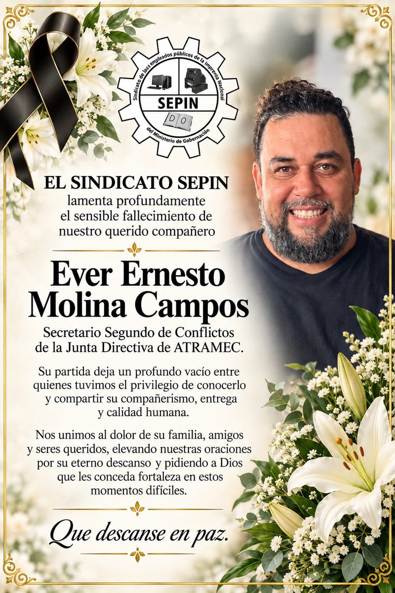 SepinOficial's tweet photo. Nuestras más sinceras condolencias a la familia, amigos y compañeros de Ever Molina. Que Dios le conceda fortaleza y consuelo ante su pérdida.
Su legado de amistad y compañerismo permanecerá vivo en quienes tuvimos el privilegio de compartir con él. ¡Descansa en paz compañero! https://t.co/0aHV9Iw6ha