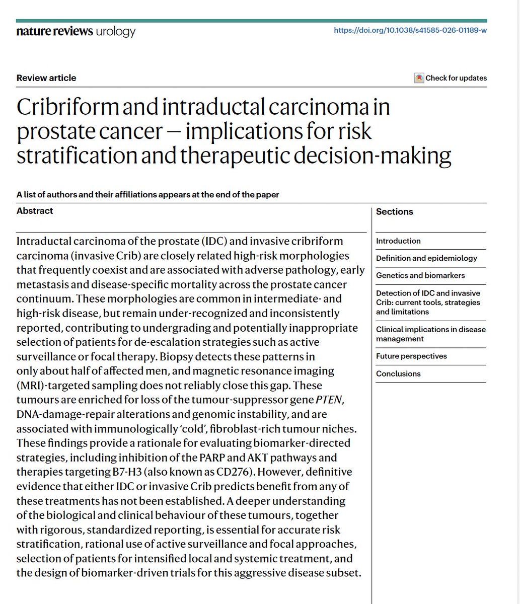 Adam_Weiner535's tweet photo. 🚨 New review in @NatRevUrol 🚨

🔬Cribriform & intraductal carcinoma (IDC) of the prostate: the high-risk histology

@ruimmbernardino 

🧬 IDC + invasive cribriform independently predict adverse path, mets & PCa death, 
🔎 Biopsy catches them in only ~half of men who harbor them, and MRI targeting doesn't close the gap
📈 Prevalence climbs w/ risk: ~2% in low-risk to >50% in metastatic/recurrent
🧪 Enriched for PTEN loss, DDR alterations, genomic instability & an immune-cold, fibroblast-rich niche

🎯 Bottom line: It should be reported and more is to come on how it should factor into decision making
🔗 https://t.co/8v3V4jc4YY

@AmerUrological @UroOnc @urotoday @UrologyTimes @PCF_Science