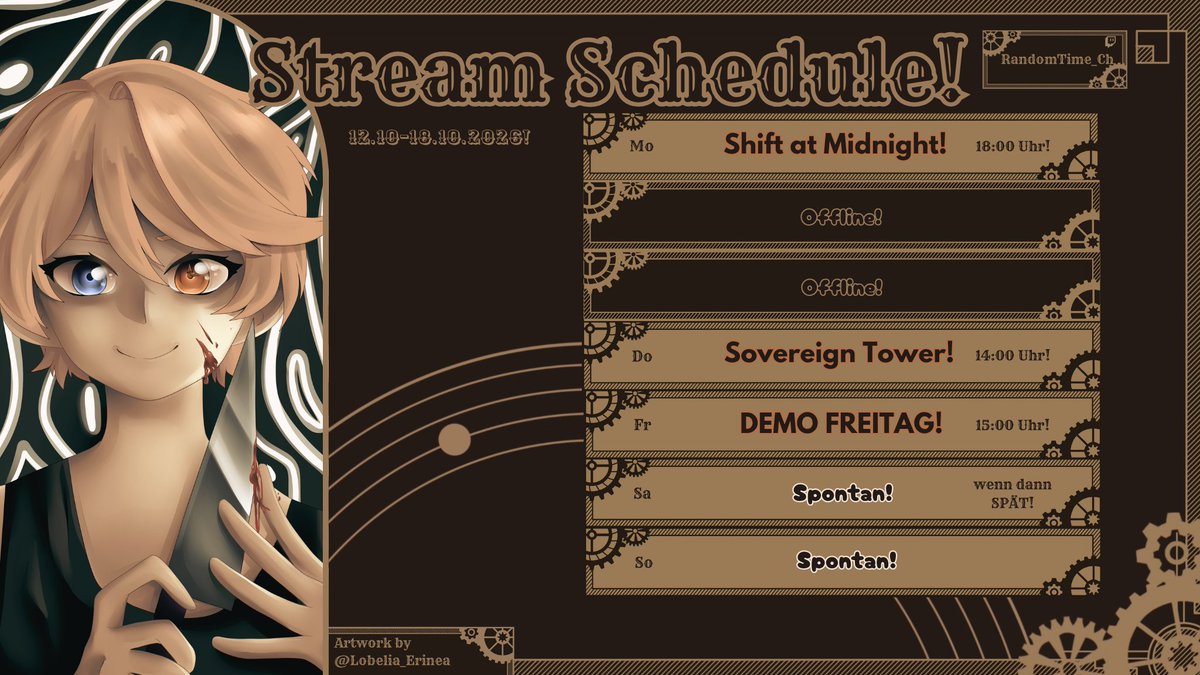 RandomTimeVT's tweet photo. ⏳~ 𝓢𝓣𝓡𝓔𝓐𝓜 𝓢𝓒𝓗𝓔𝓓𝓤𝓛𝓔 ~⌛️

Mo: Wir sind gute Ladenbesitzer!🛒

Do: Wir stellen uns den Zeitdämonen!👑

Fr: Mehrere Überraschungen auf einmal?❓❓❓

Sa/So: Spontan!👀

Wir kommen mal ein wenig wieder runter! :3 
🧡🧡🧡 https://t.co/fvNtPfyGW7