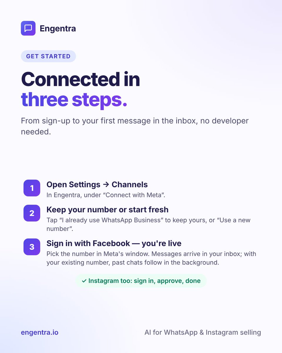 EngageApi's tweet photo. Connect WhatsApp in 3 steps: keep your WhatsApp Business app number (coexistence, with up to 6 months of chats) or use a new one. No tokens, no developer.

https://t.co/6CkEpCYS6E

#WhatsAppBusiness #SmallBusinessNigeria #CustomerService #AIForBusiness https://t.co/e30wIEHq0f