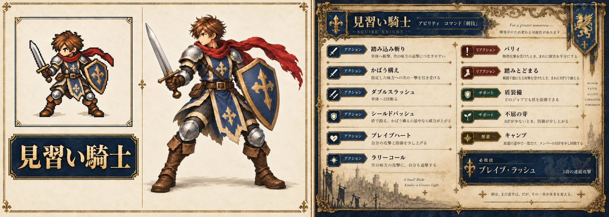 zeroAIseikatu's tweet photo. 最初から使えるジョブ「見習い騎士」。

剣と盾で前に立ち、仲間をかばいながら戦います。
必殺技は、3段の連続攻撃「ブレイブ・ラッシュ」。

右側は、覚えられるアビリティの一覧です（開発中）。

#ドット絵 #pixelart #ゲーム開発 https://t.co/dY4XRzHzuO