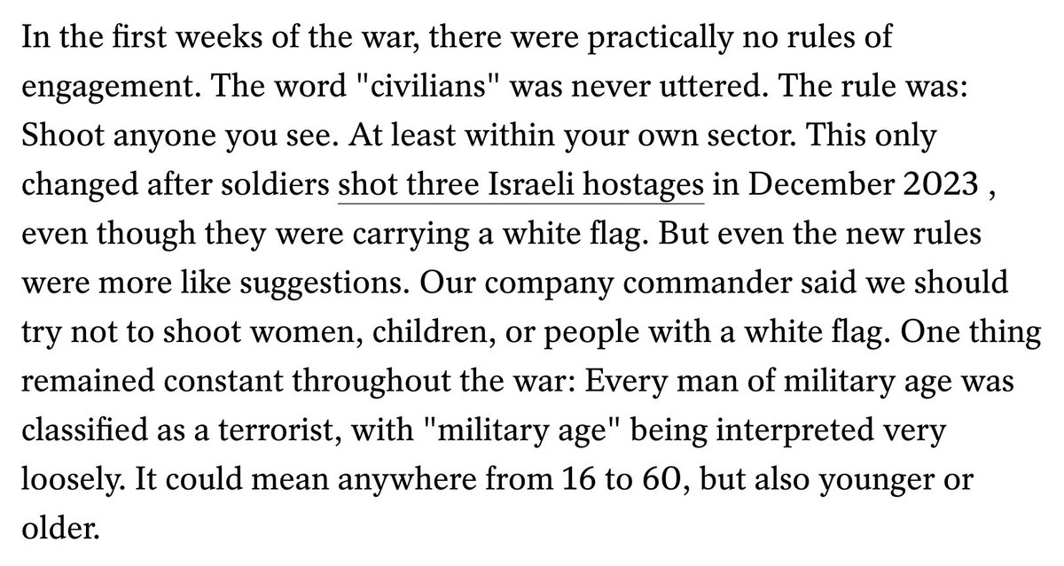 AdHaque110's tweet photo. The 10 IDF soldier testimonies in the new Der Spiegel article are each sickening in their own way.

One detail: The IDF classified "military age" males as "terrorists" which "could mean anywhere from 16 to 60."

I immediately thought of Srebrenica.

Read the article. Link below. https://t.co/5GE1zRDRud