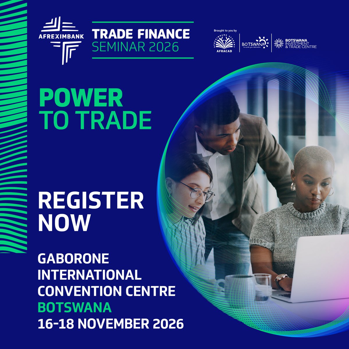 afreximbank's tweet photo. Afreximbank's flagship Trade Finance Seminar is coming to Gaborone, Botswana!

From 16 to 18 November 2026, African bankers, lenders, financiers and policymakers will meet at the Gaborone International Convention Centre for three days of technical training and practitioner exchange.

- USD 1,500 for 3 days, or USD 1,750 with the Factoring Workshop on 19 Nov.
Register now: https://t.co/E14rAHDAAc

#Afreximbank #ATFS2026 #ACF2026 #TradeFinance #Botswana #Gaborone #AfricanTrade #AfCFTA