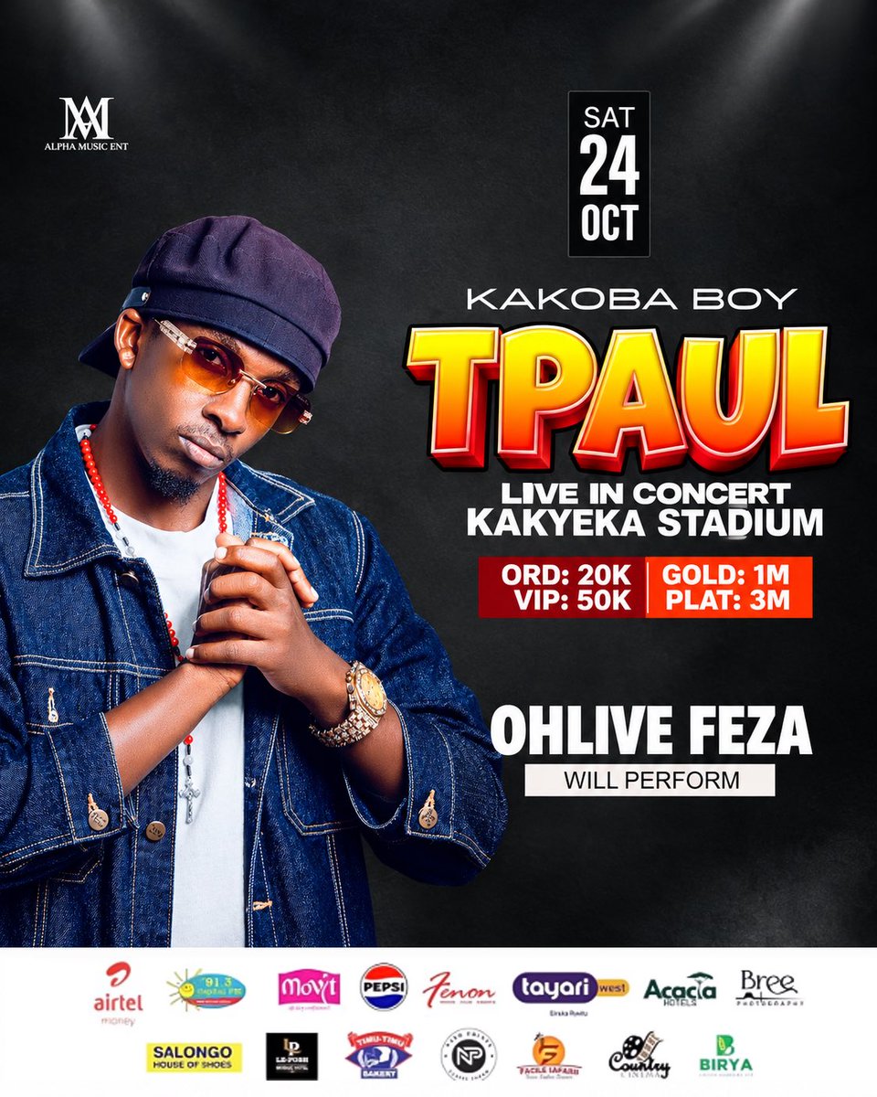 ohlivefeza's tweet photo. Western Uganda, we’re making history! 🔥🎤
Ohlive Feza will be performing LIVE at @tpaul256 concert at Kakyeka Stadium on Saturday, 24th October 2026! 🥳❤️
Get ready for an unforgettable experience! Who’s pulling up? 👀🔥
#OhliveFeza #TPaul #KakyekaStadium #WesternUganda https://t.co/z65m4TOXsd